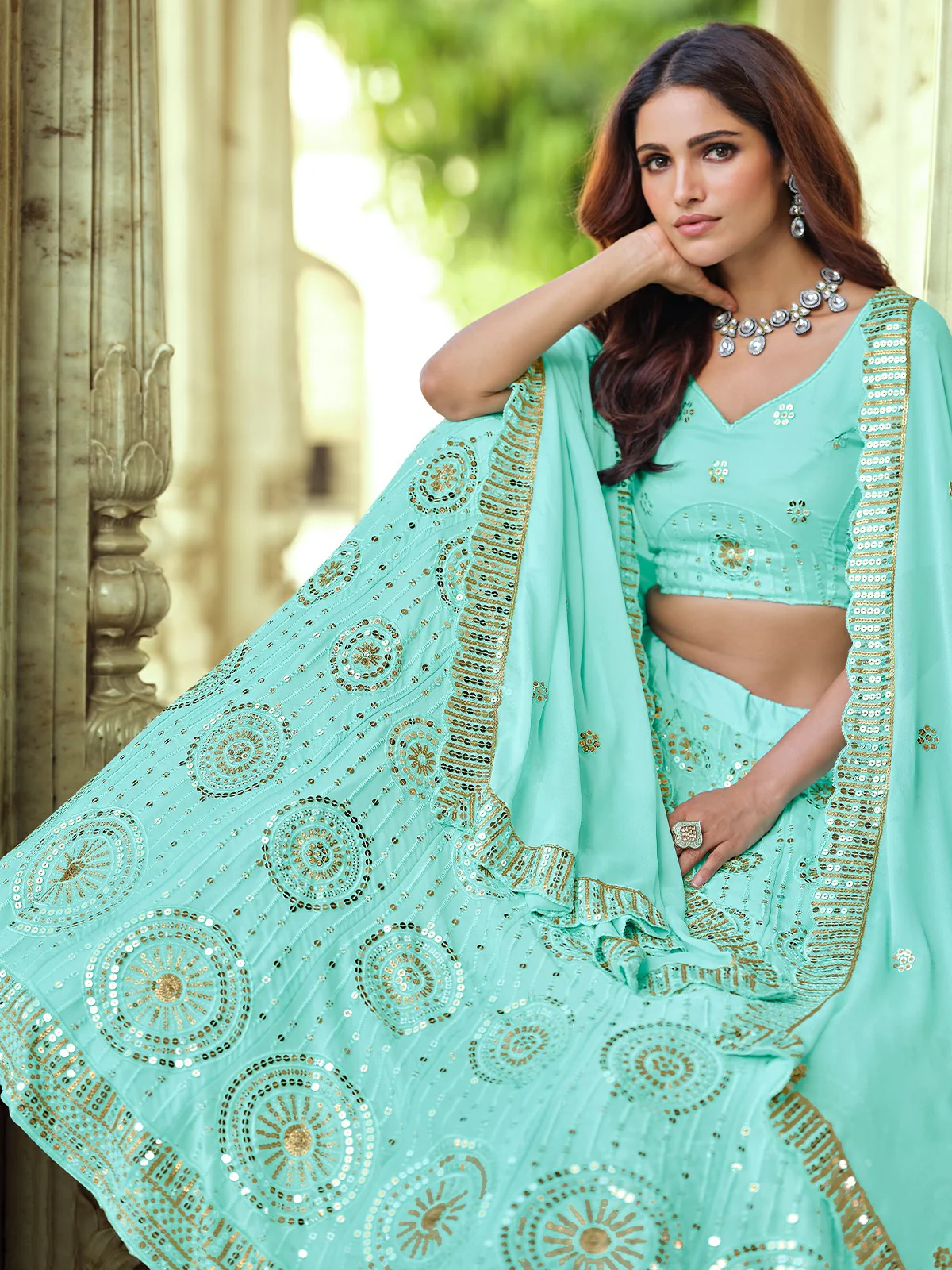 Odette Sea Green Embellished Georgette Semi Stitched Lehenga With Blouse For Women - Image 3