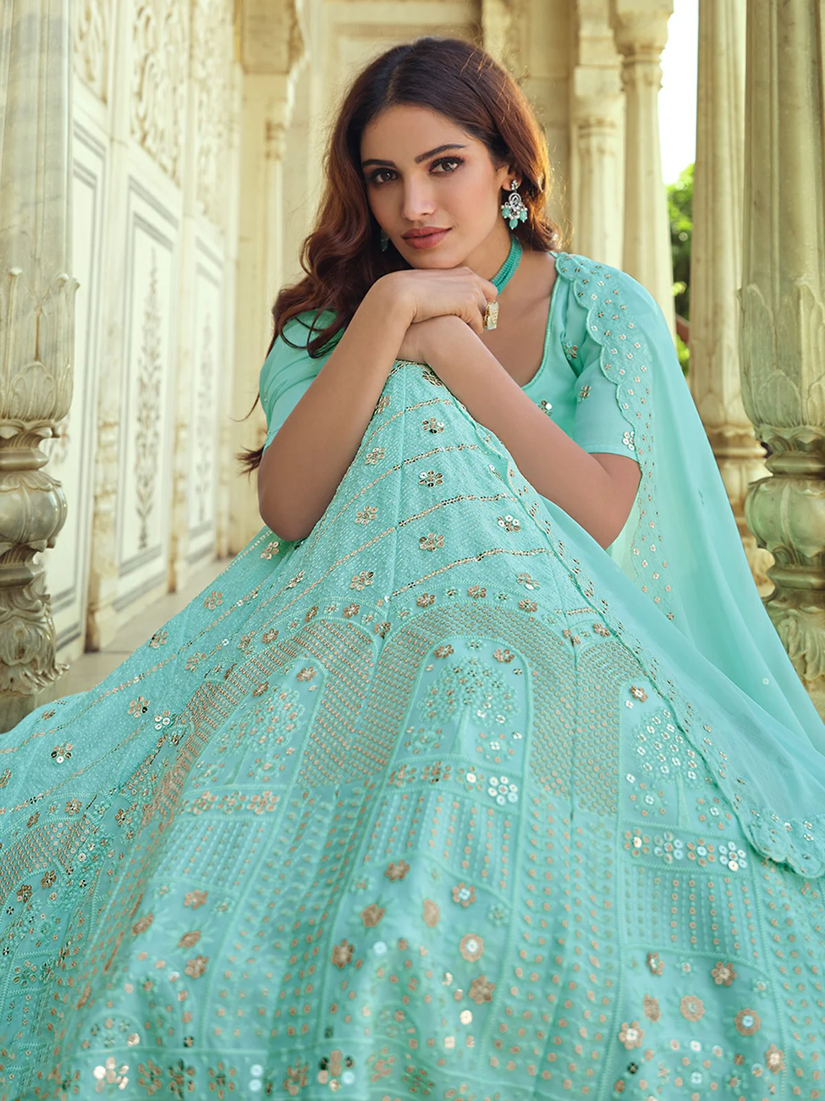 Odette Sea Green Embellished Georgette Semi Stitched Lehenga With Blouse For Women - Image 3