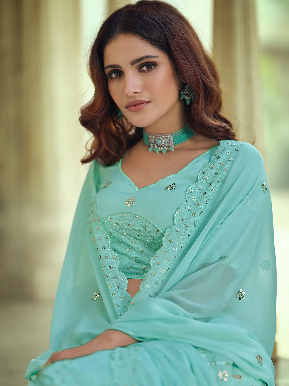 Odette Sea Green Embellished Georgette Semi Stitched Lehenga With Blouse For Women - Image 4