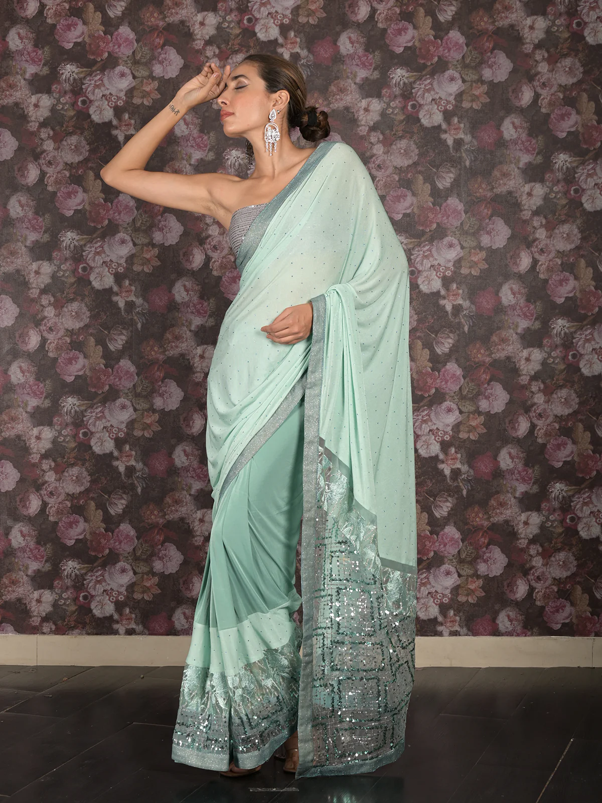 Odette Sea Green Embellished Lycra Saree with Unstitched Blouse for Women - Image 3