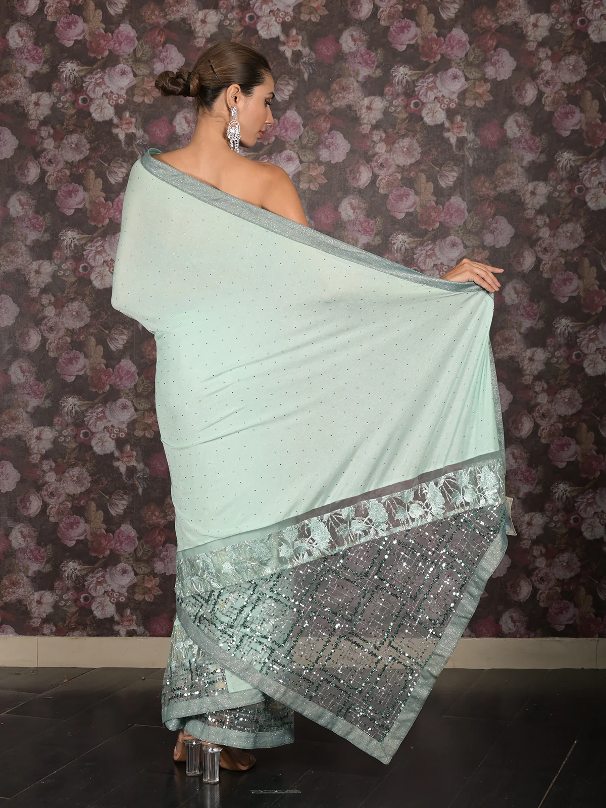 Odette Sea Green Embellished Lycra Saree with Unstitched Blouse for Women - Image 5