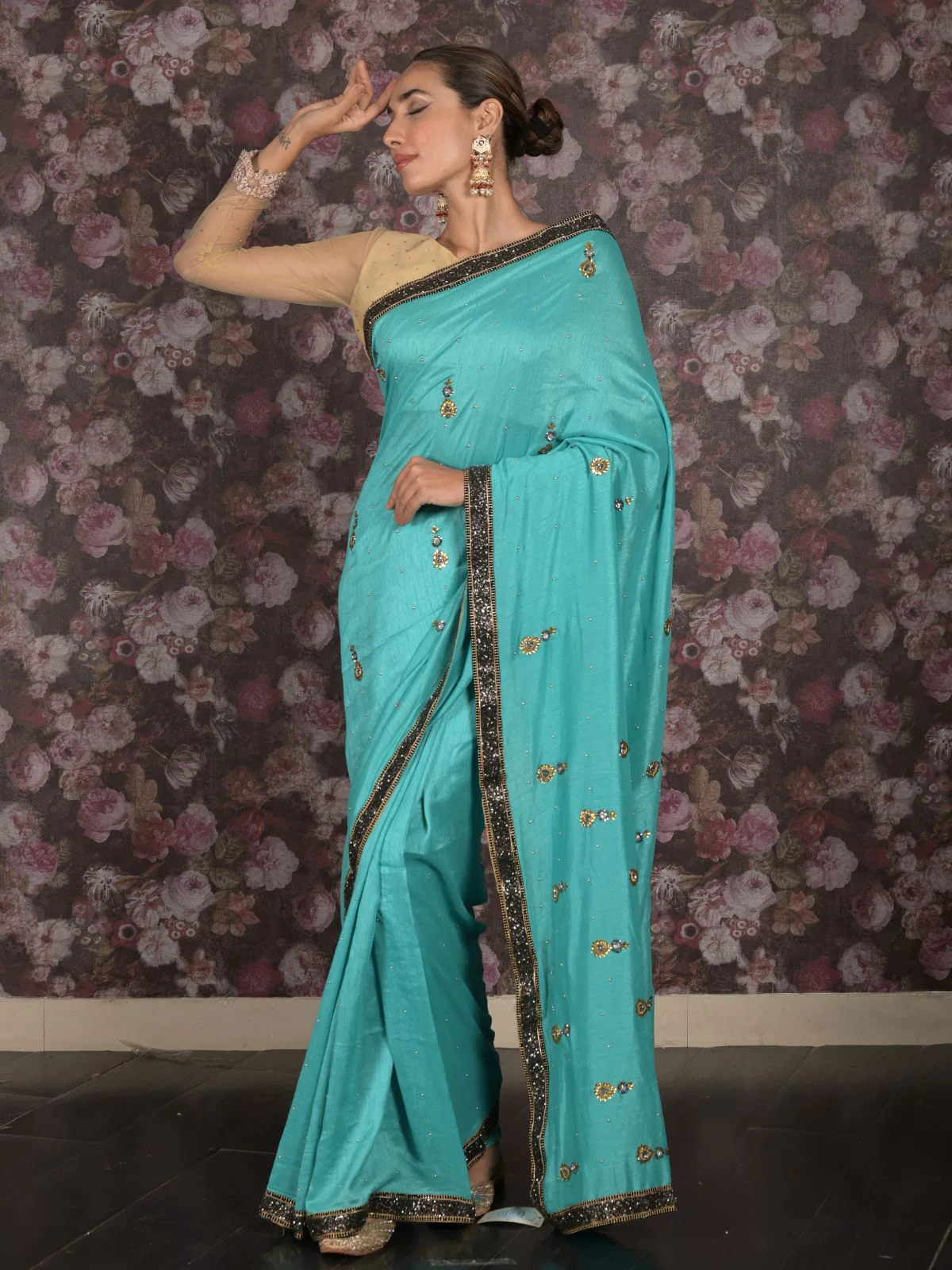 Odette Sea Green Embellished Tissue Silk Saree with Unstitched Blouse for Women - Image 2