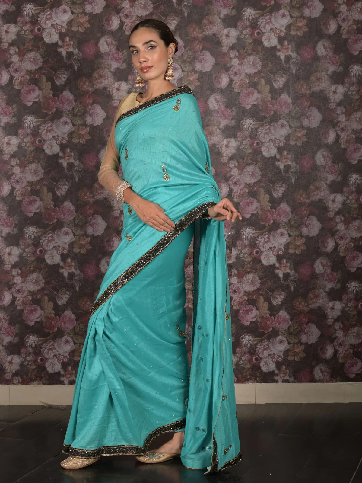 Odette Sea Green Embellished Tissue Silk Saree with Unstitched Blouse for Women - Image 3