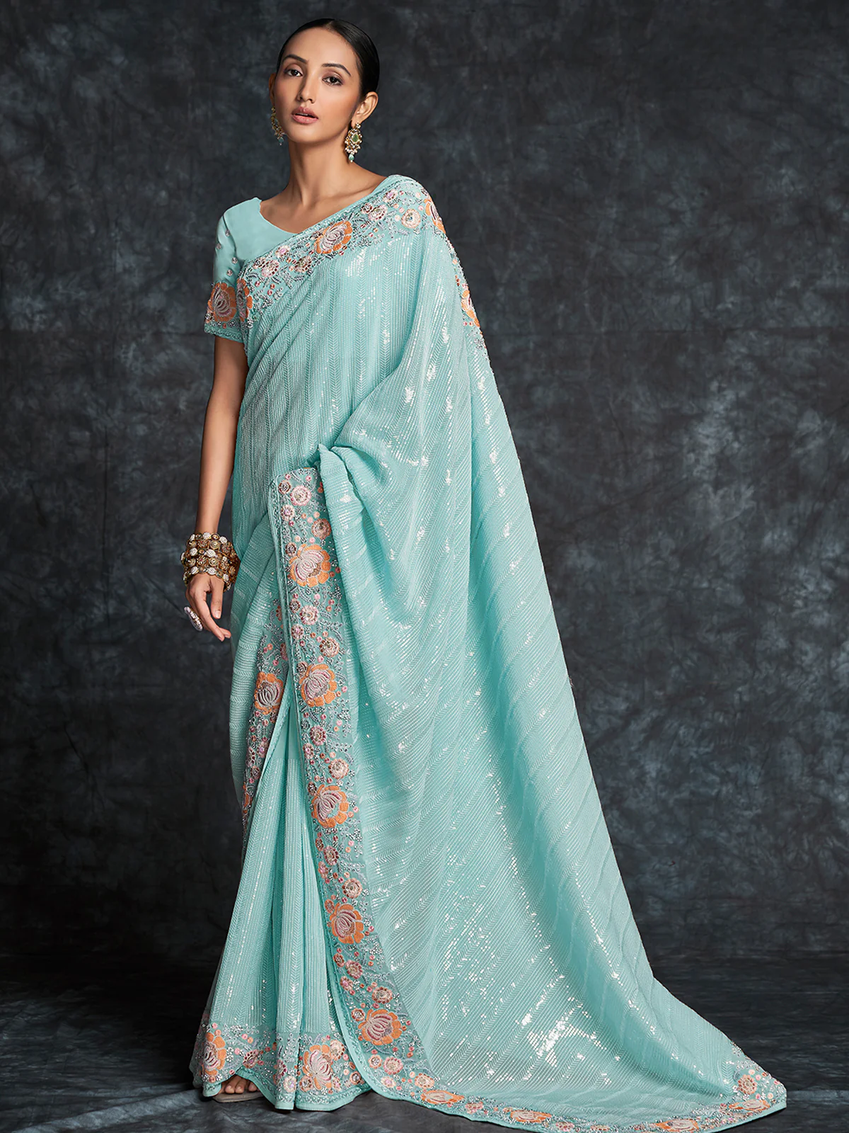 Odette Sea Green Embroidered Georgette Saree With Unstitched Blouse For Women - Image 2