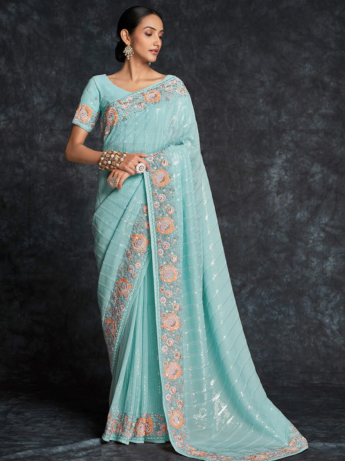 Odette Sea Green Embroidered Georgette Saree With Unstitched Blouse For Women - Image 3