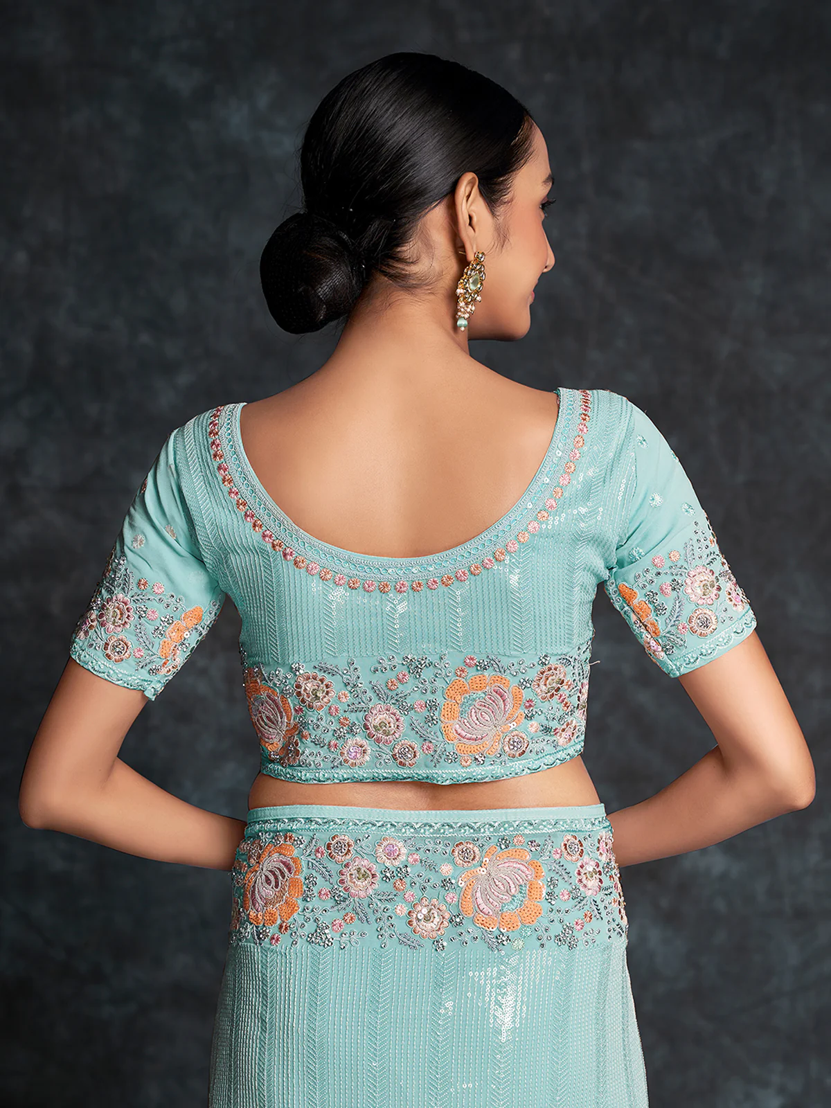 Odette Sea Green Embroidered Georgette Saree With Unstitched Blouse For Women - Image 7