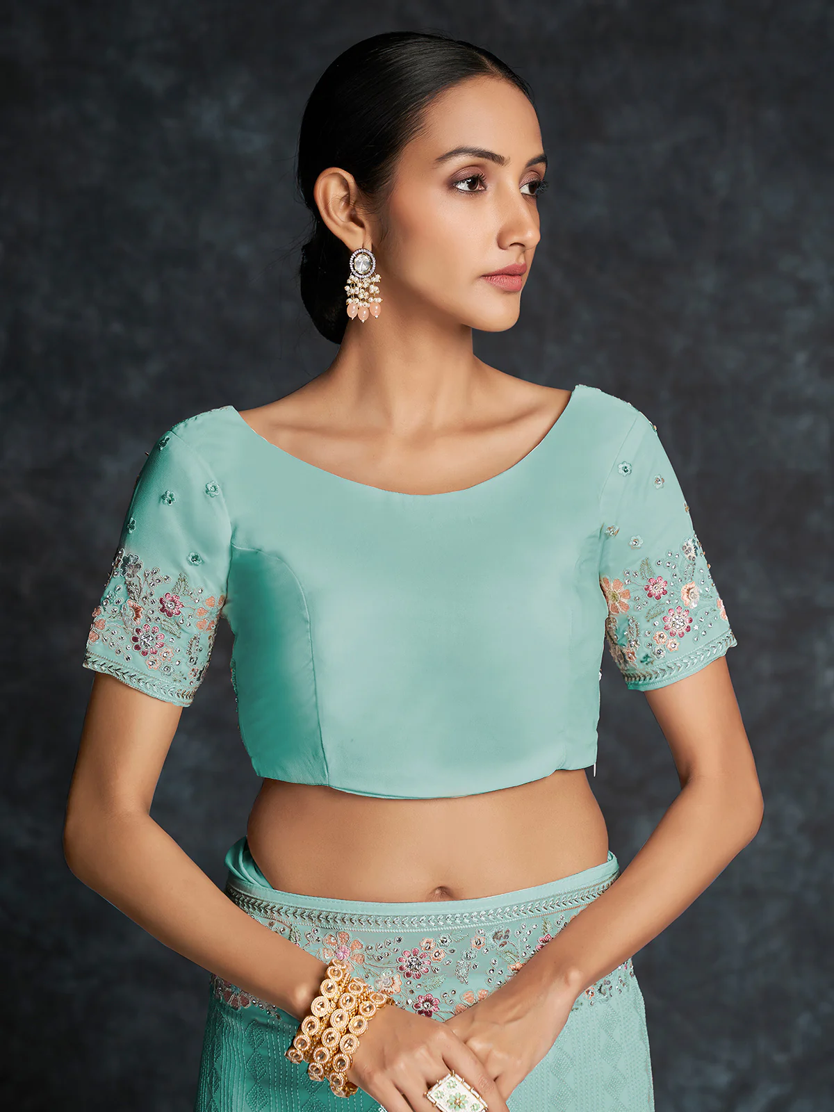 Odette Blue Embroidered Georgette Saree With Unstitched Blouse For Women - Image 6