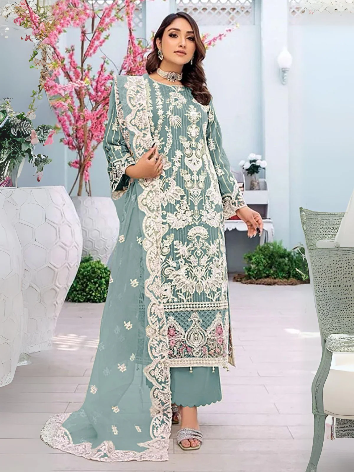 Odette Sea Green Embroidered Georgette Semi Stitched Kurta Set For Women