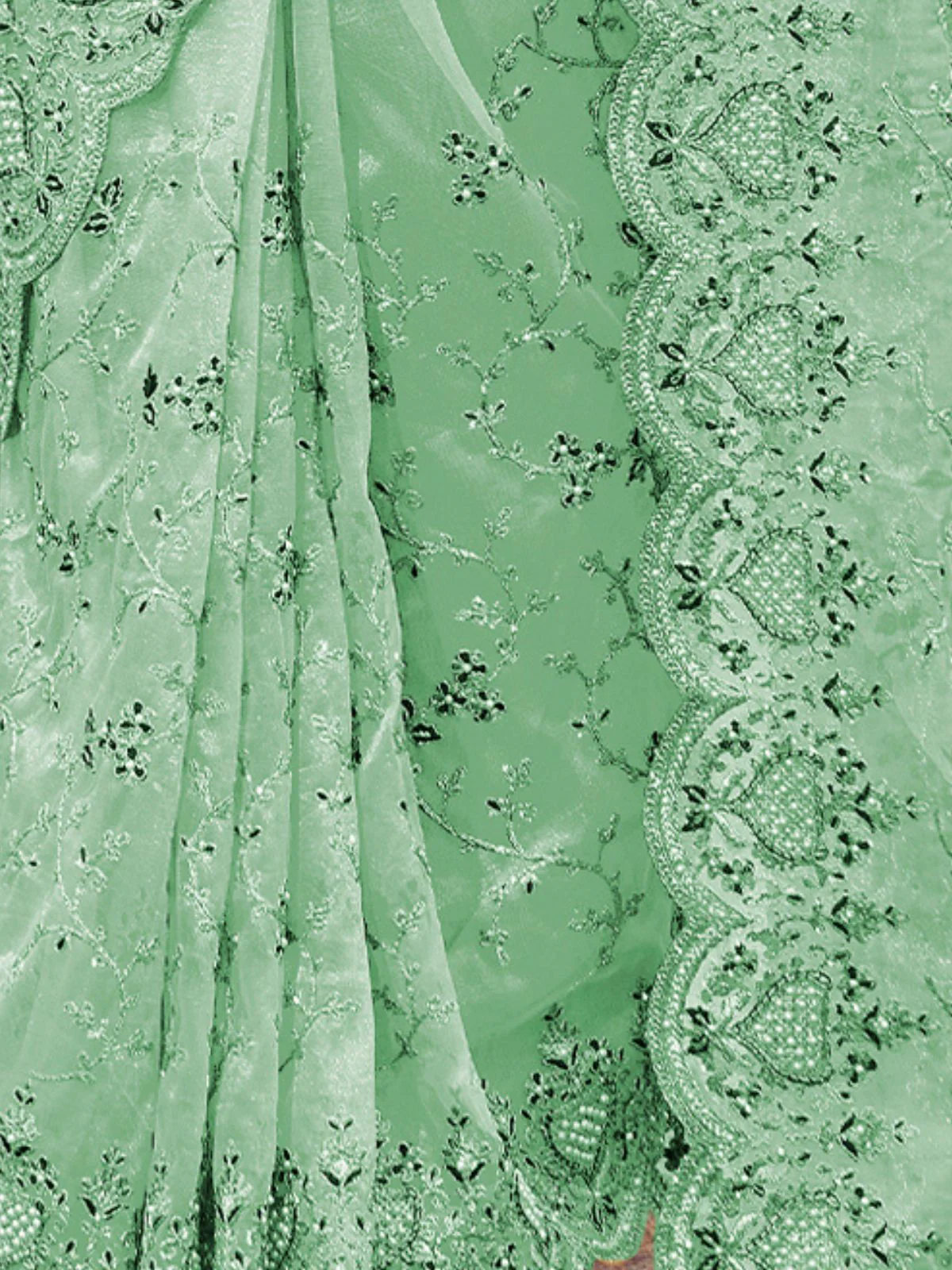 Odette Sea Green Embroidered Net Saree With Unstitched Blouse For Women - Image 3