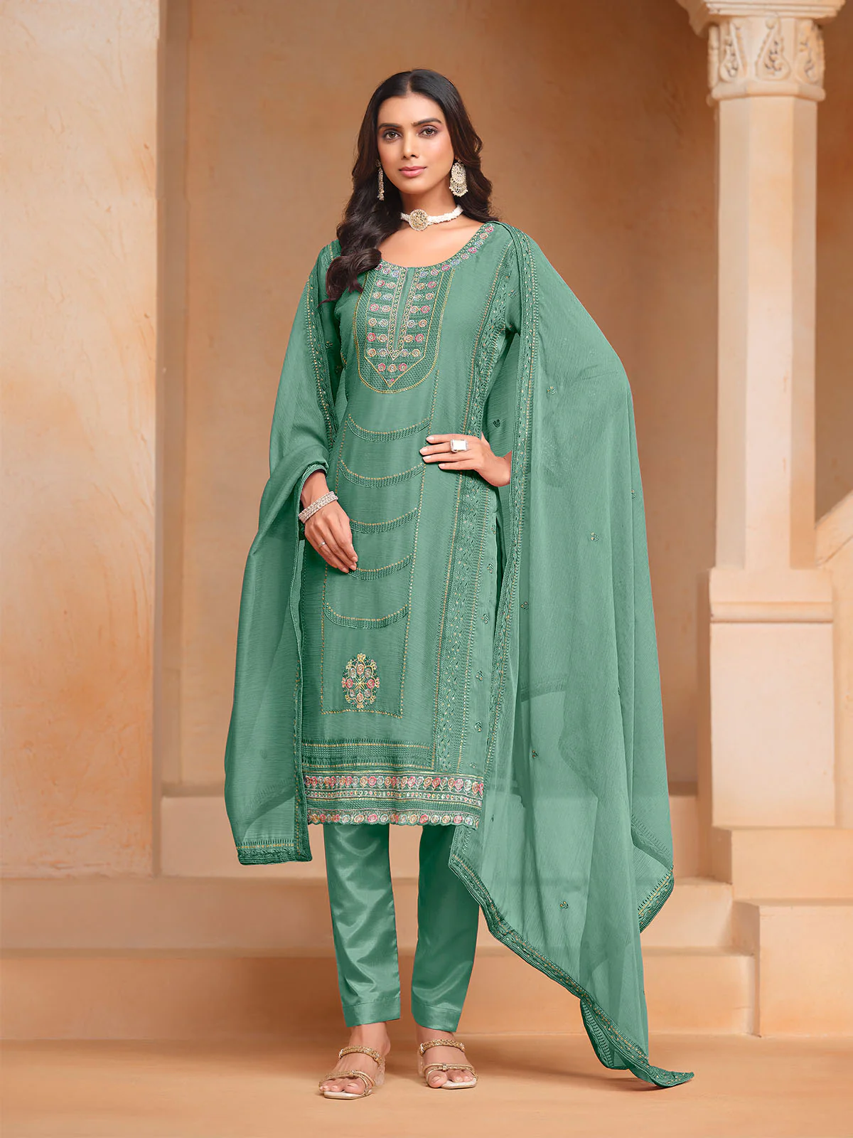 Odette Sea Green Embroidered Organza Semi Stitched Kurta Set With Dupatta For Women