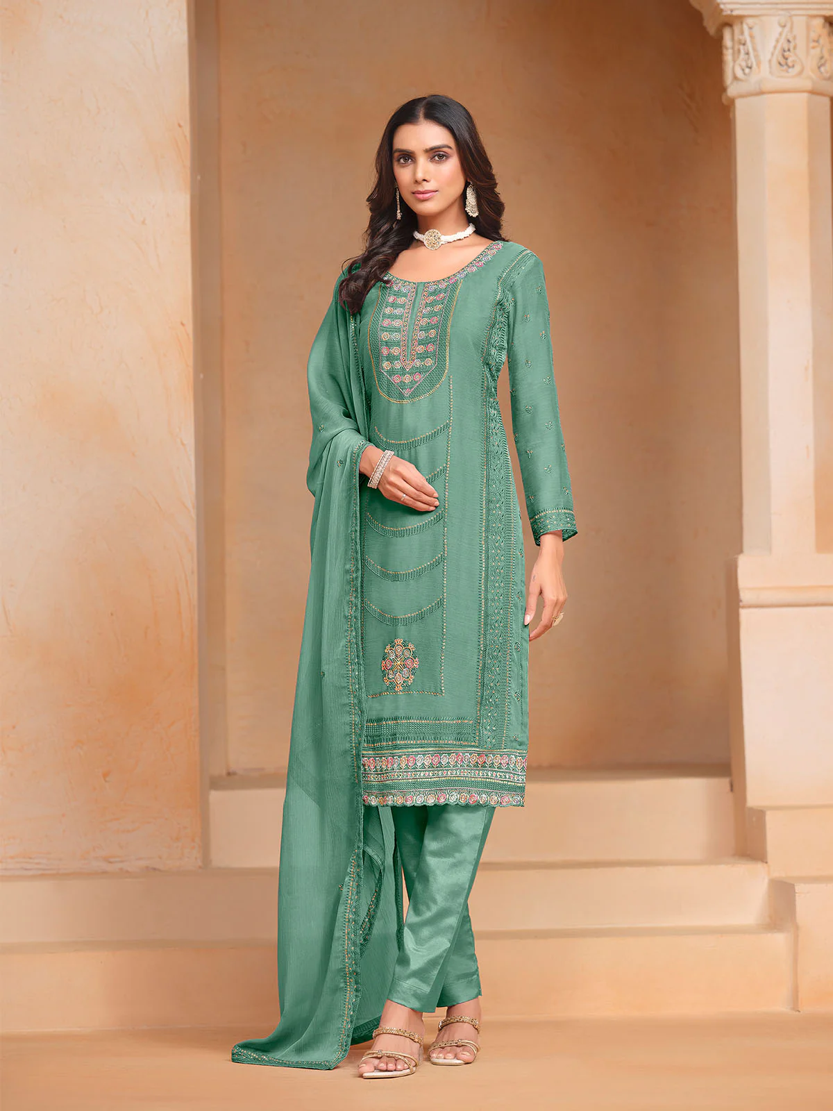 Odette Sea Green Embroidered Organza Semi Stitched Kurta Set With Dupatta For Women - Image 3