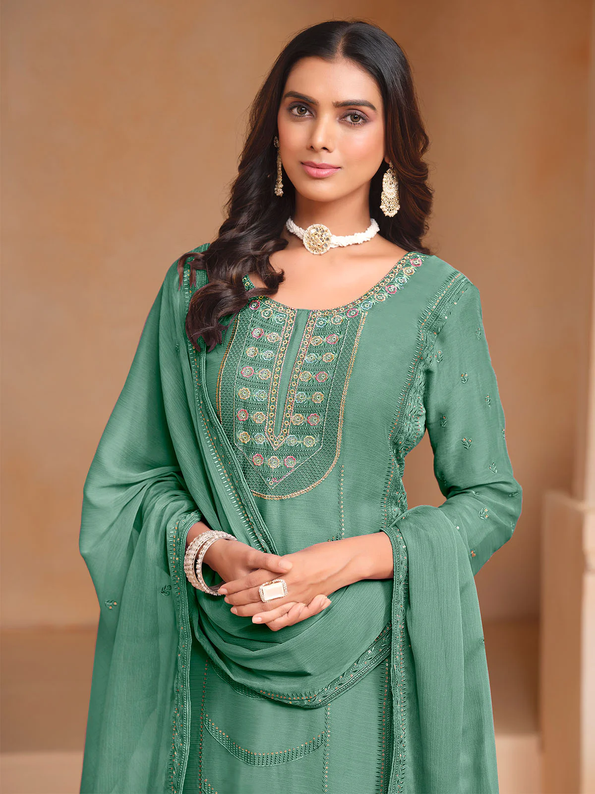 Odette Sea Green Embroidered Organza Semi Stitched Kurta Set With Dupatta For Women - Image 4