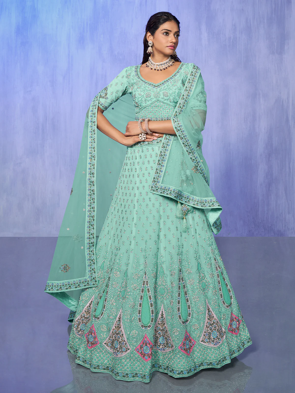 Odette Sea Green Embroidered Organza Semi Stitched Lehenga With Unstitched Blouse For Women - Image 2