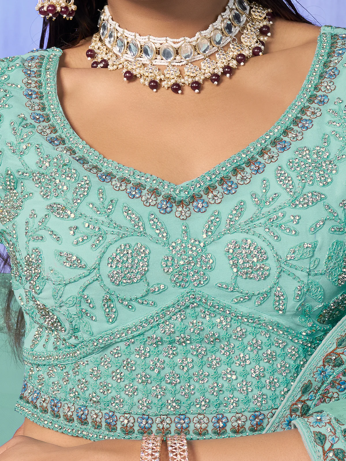 Odette Sea Green Embroidered Organza Semi Stitched Lehenga With Unstitched Blouse For Women - Image 5