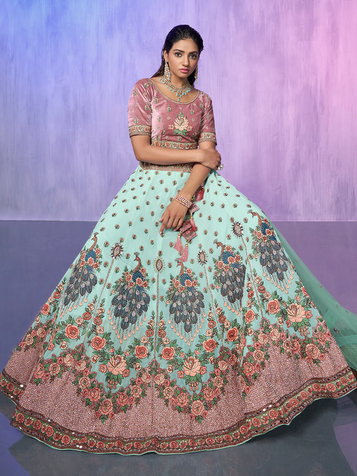 Odette Sea Green Embroidered Georgette Semi Stitched Lehenga With Unstitched Blouse For Women - Image 2