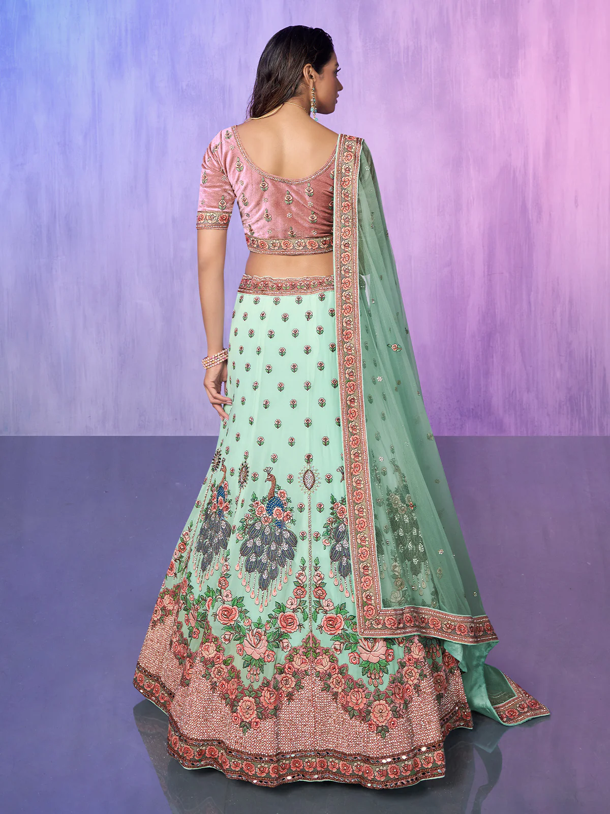 Odette Sea Green Embroidered Georgette Semi Stitched Lehenga With Unstitched Blouse For Women - Image 4
