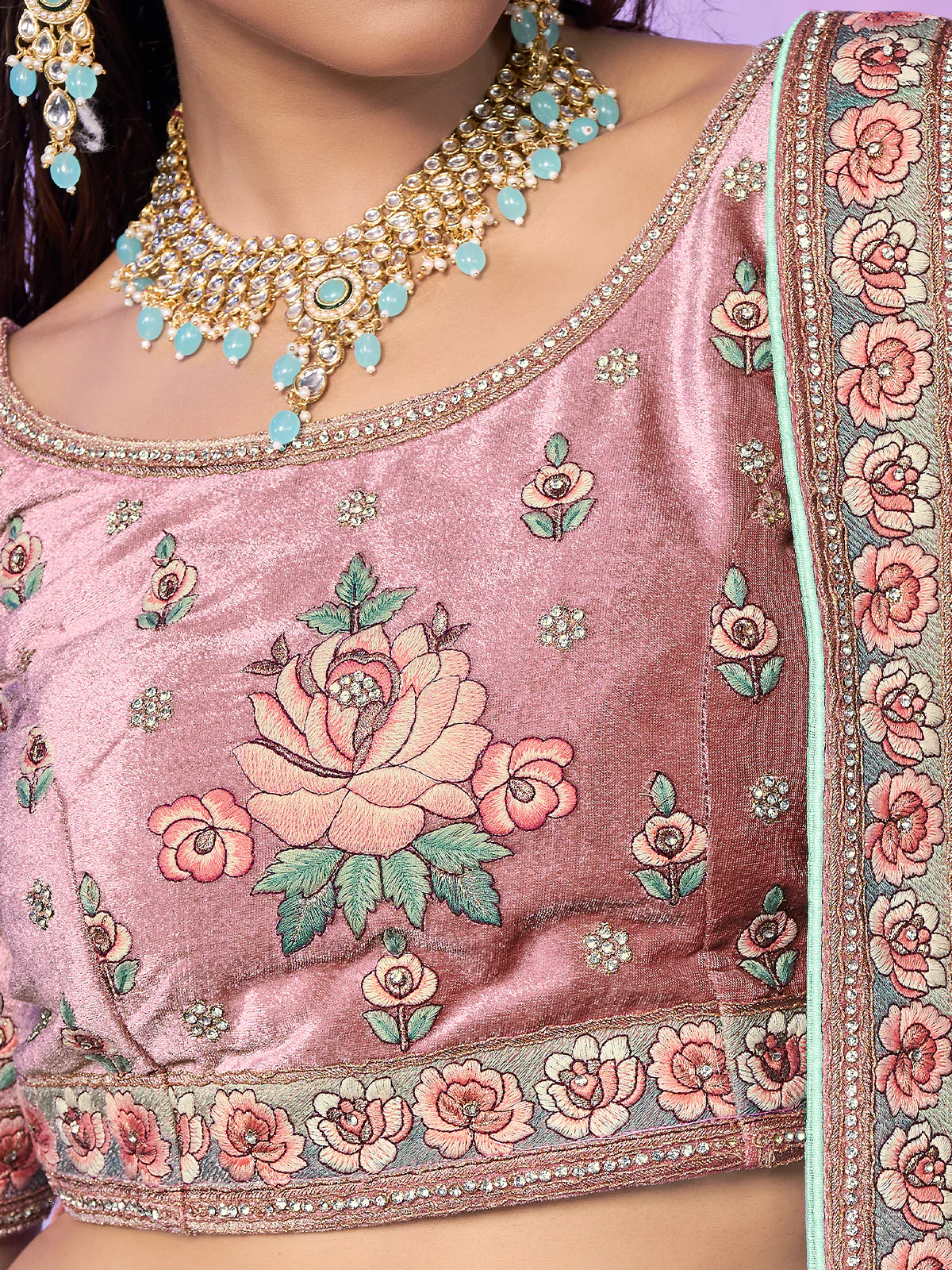 Odette Sea Green Embroidered Georgette Semi Stitched Lehenga With Unstitched Blouse For Women - Image 5