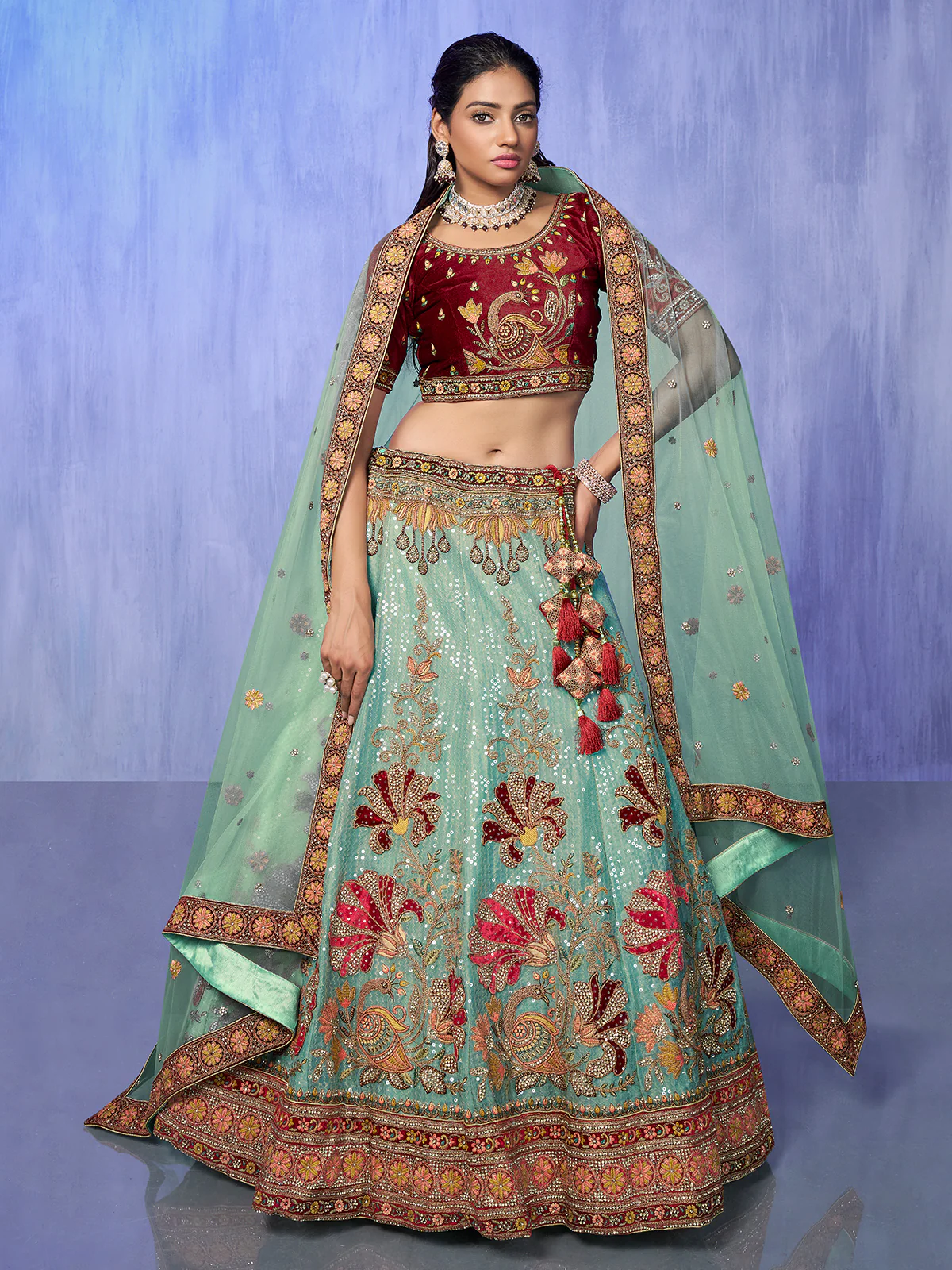 Odette Sea Green Embroidered Organza  Semi Stitched Lehenga With Unstitched Blouse  For Women - Image 2
