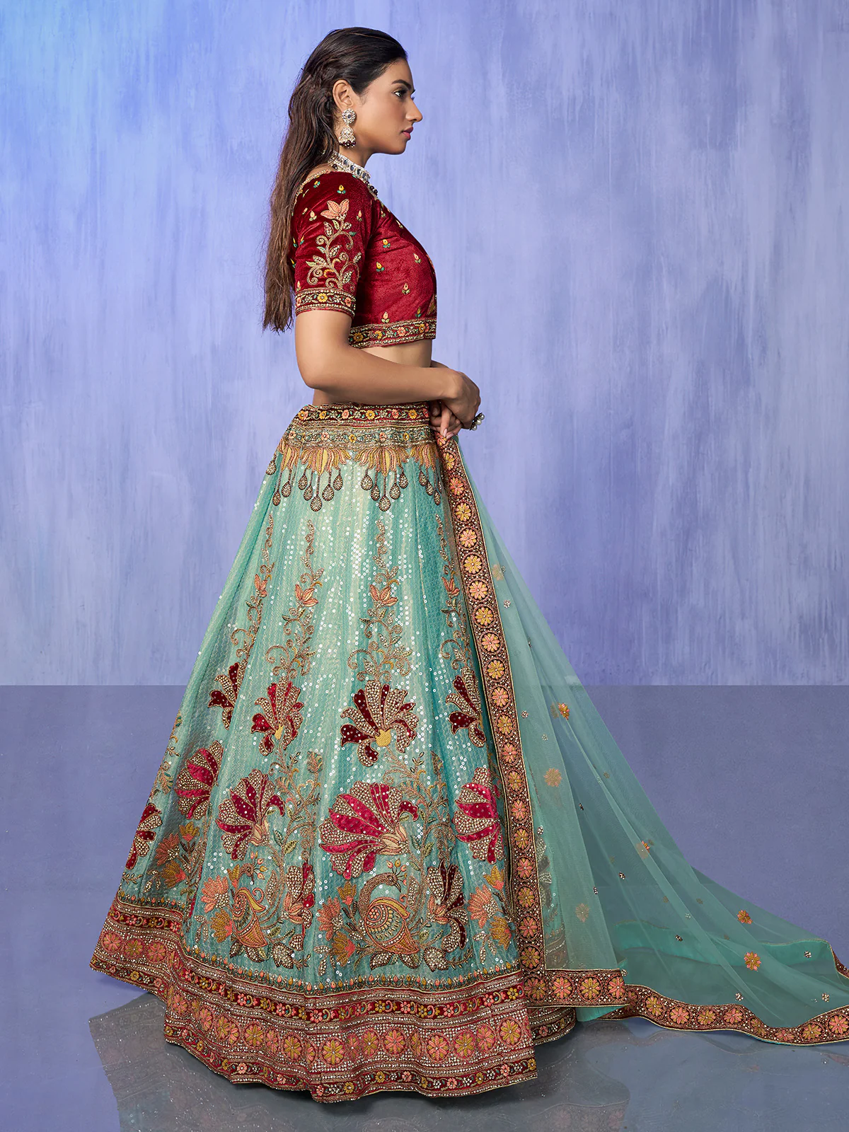 Odette Sea Green Embroidered Organza  Semi Stitched Lehenga With Unstitched Blouse  For Women - Image 3