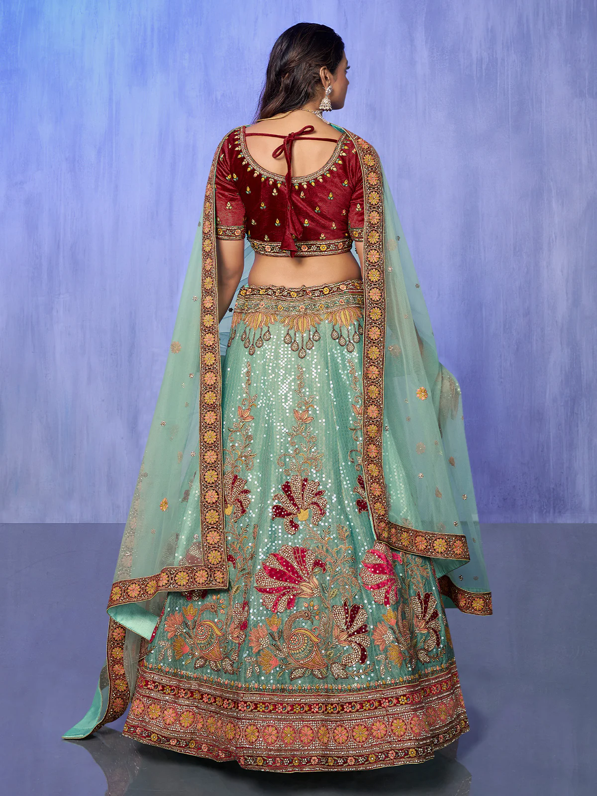 Odette Sea Green Embroidered Organza  Semi Stitched Lehenga With Unstitched Blouse  For Women - Image 4