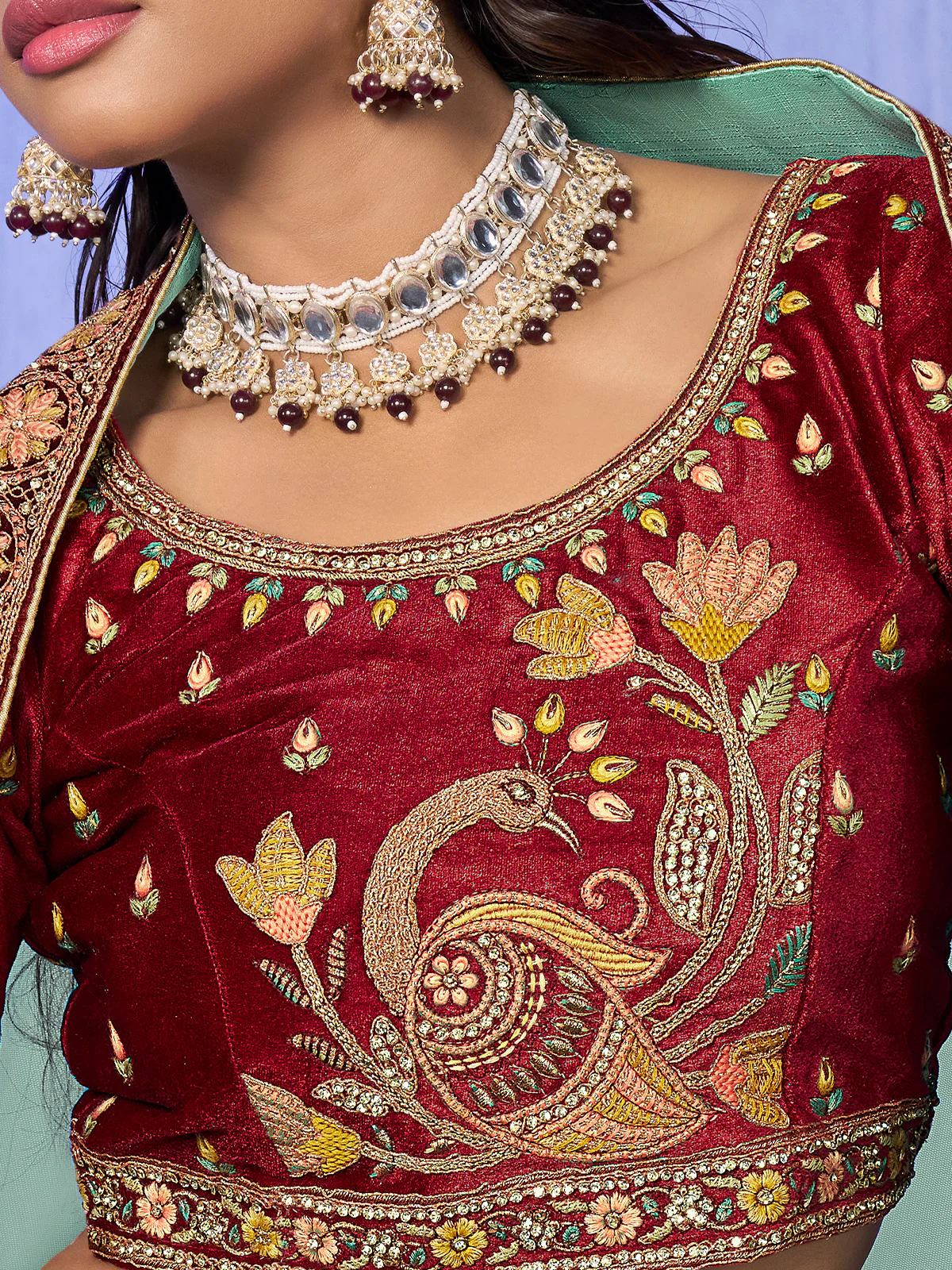 Odette Sea Green Embroidered Organza  Semi Stitched Lehenga With Unstitched Blouse  For Women - Image 5