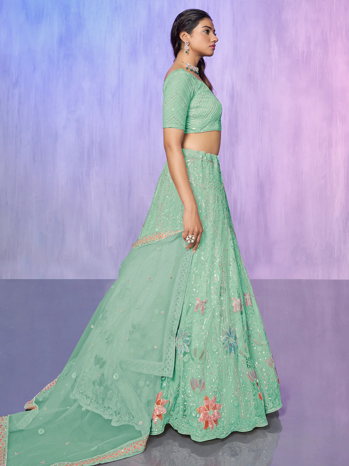 Odette Sea Green Embroidered Net Semi Stitched Lehenga With Unstitched Blouse For Women - Image 3