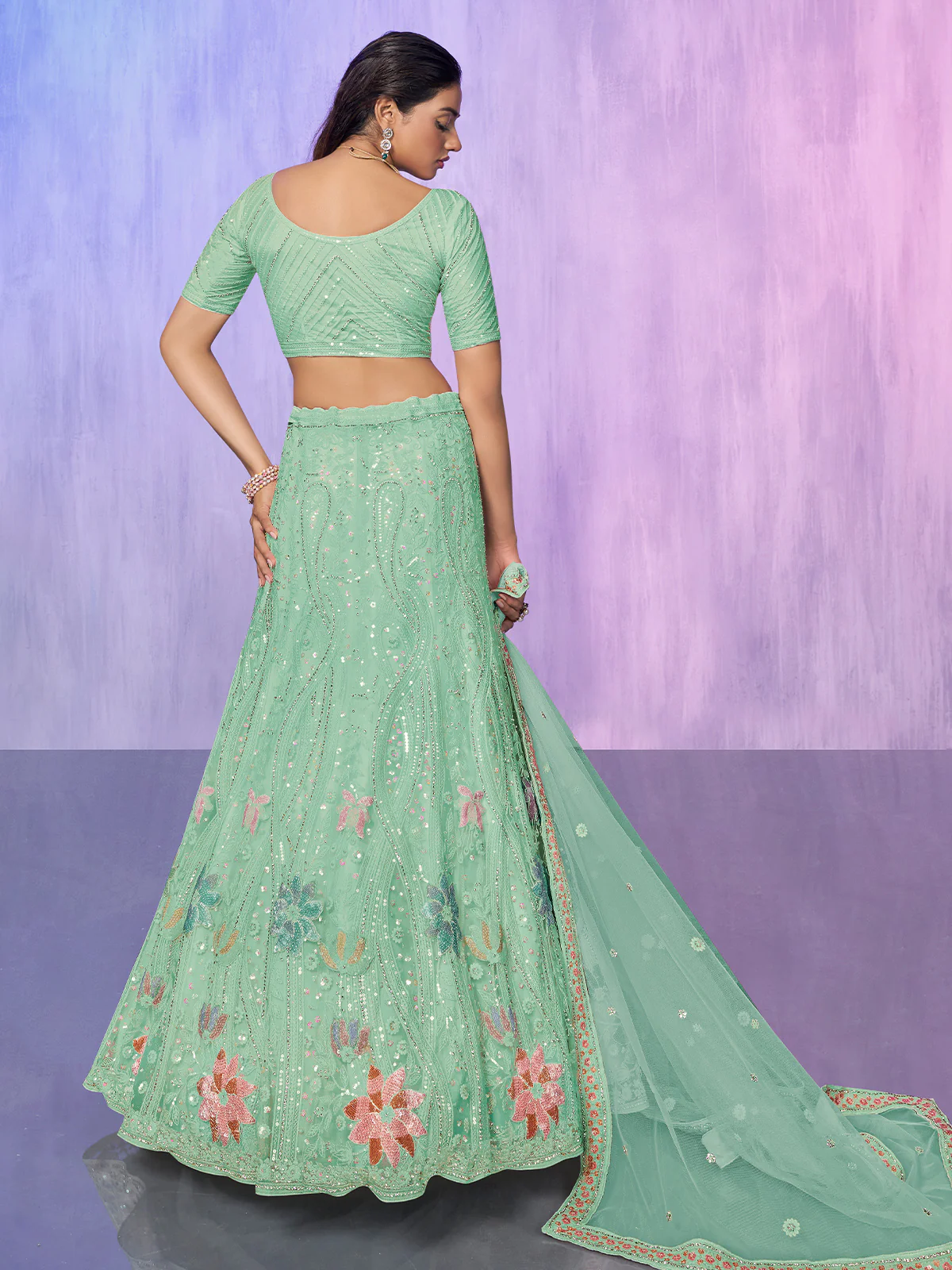 Odette Sea Green Embroidered Net Semi Stitched Lehenga With Unstitched Blouse For Women - Image 4