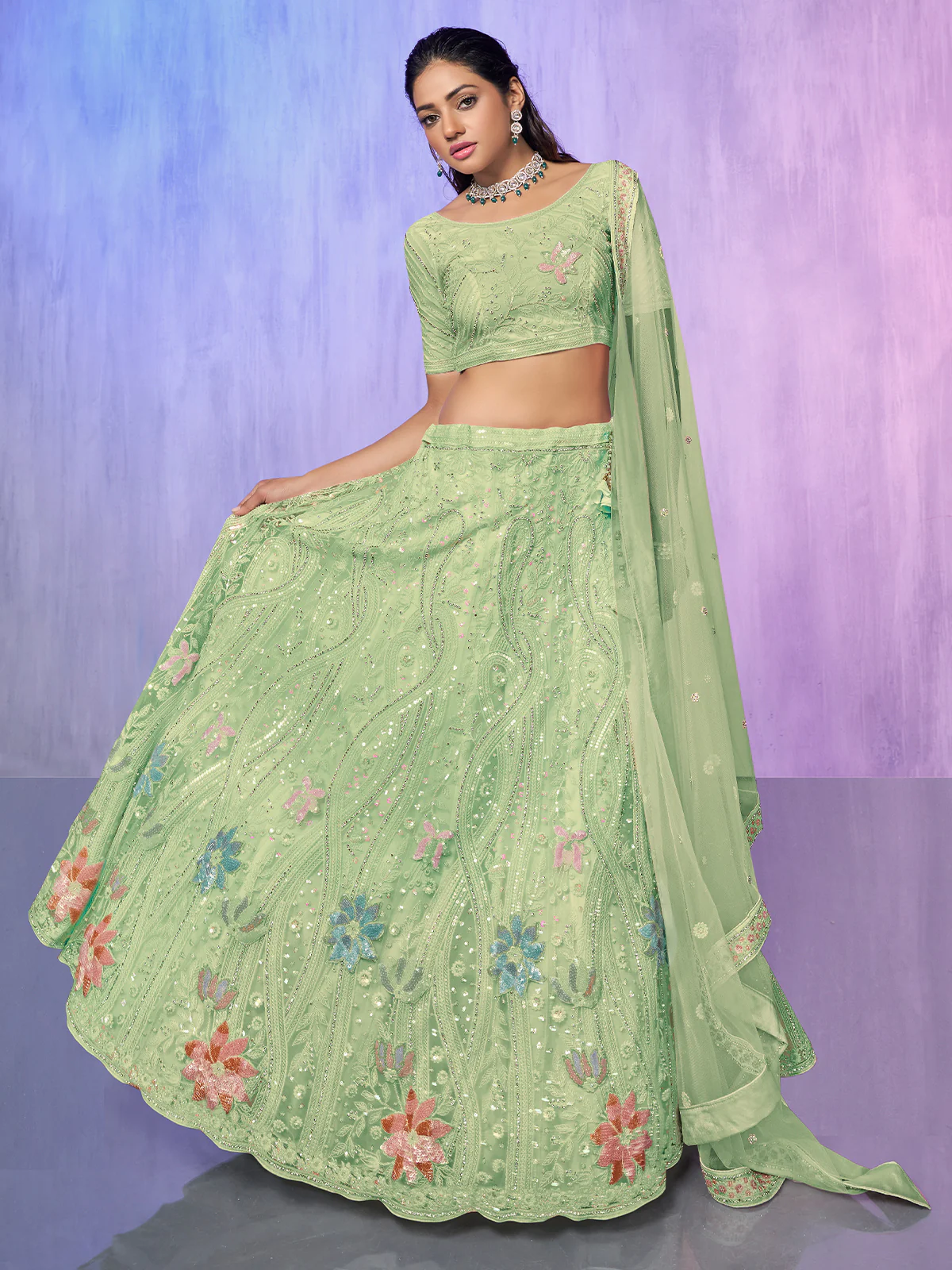 Odette Sea Green Embroidered Net Semi Stitched Lehenga With Unstitched Blouse For Women - Image 2