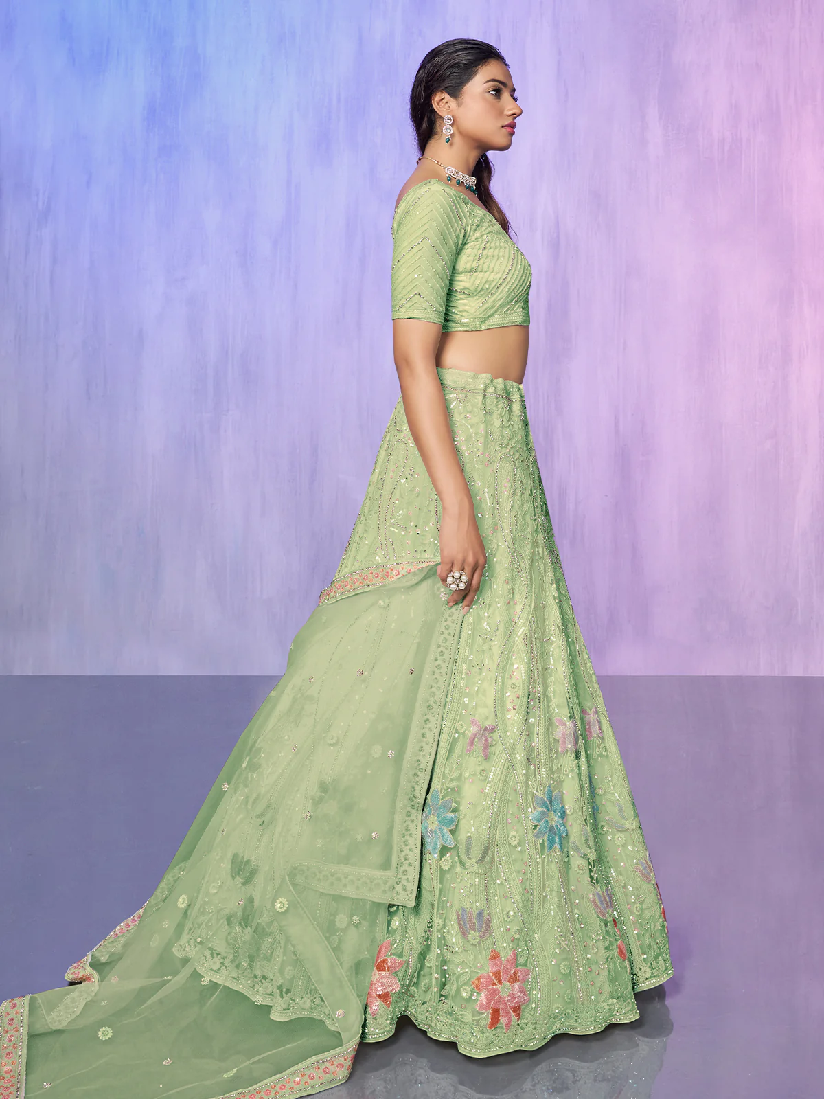 Odette Sea Green Embroidered Net Semi Stitched Lehenga With Unstitched Blouse For Women - Image 3