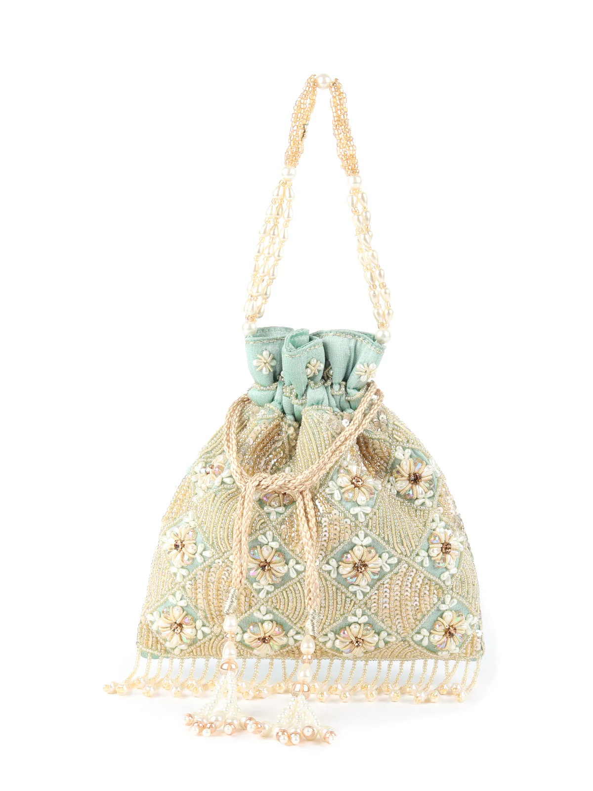 Odette Sea Green Embroidered Potli Bag For Women - Image 3