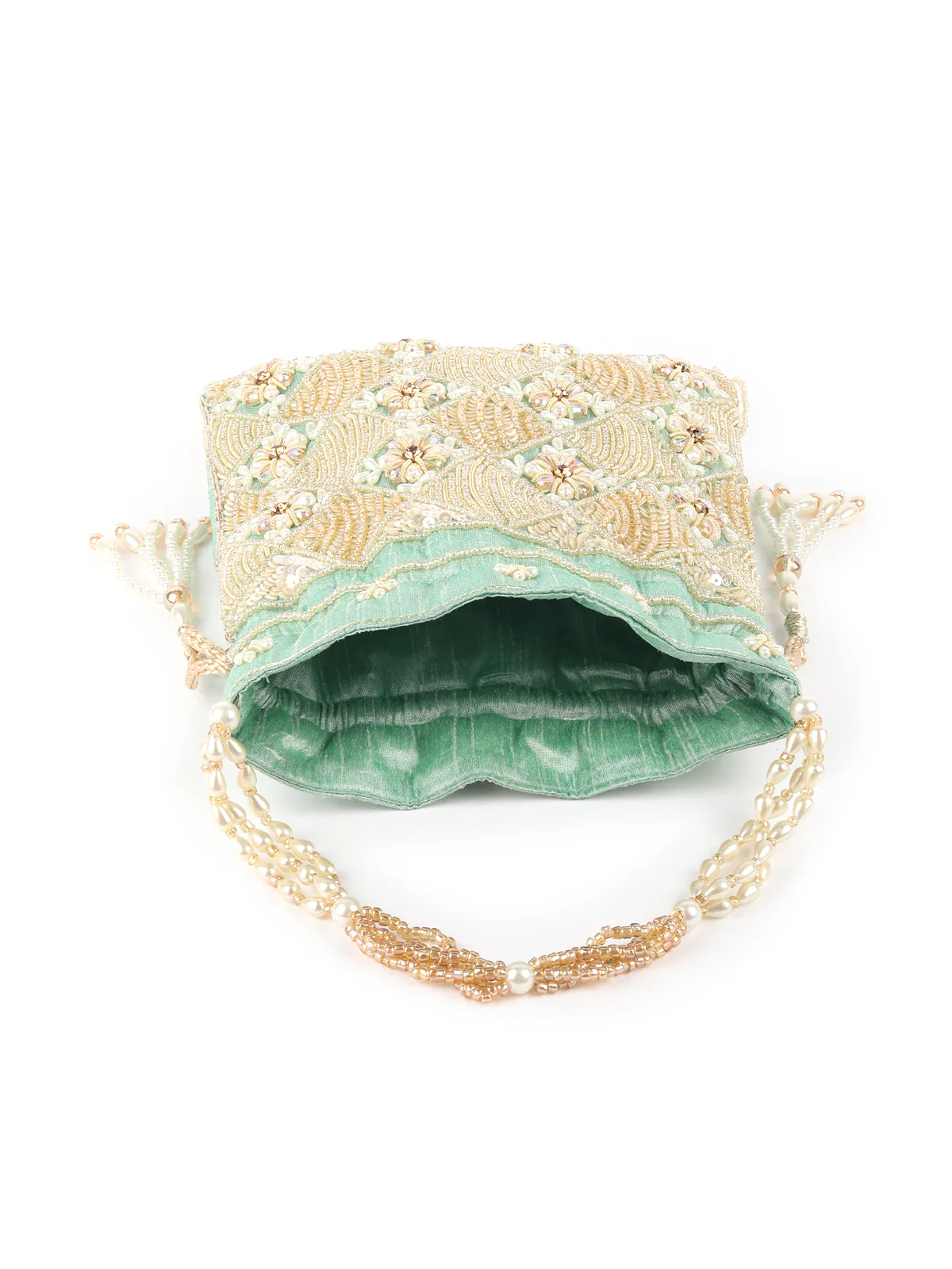 Odette Sea Green Embroidered Potli Bag For Women - Image 6