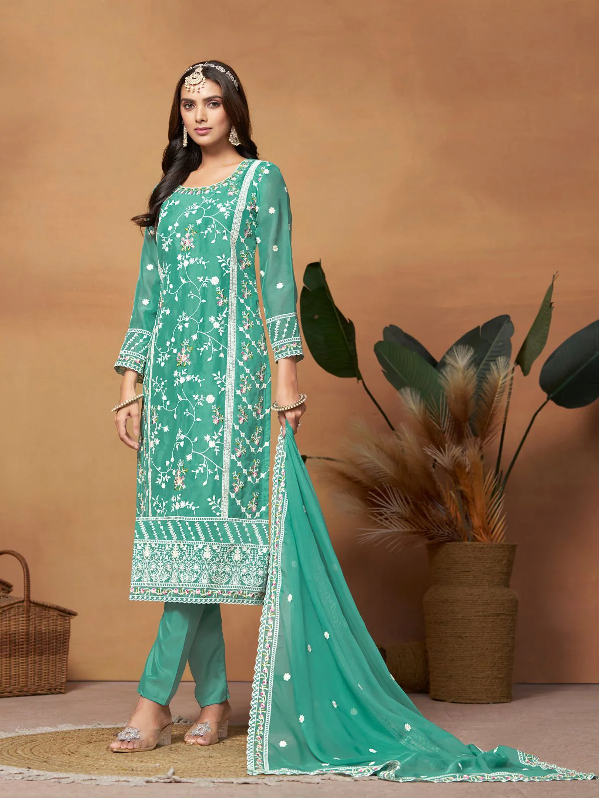 Odette Sea green Embroidered Semi Stitched Kurta Set  For Women - Image 2