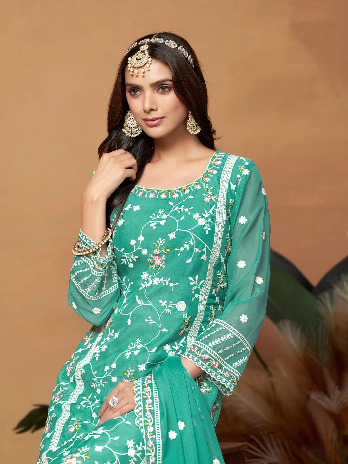 Odette Sea green Embroidered Semi Stitched Kurta Set  For Women - Image 3