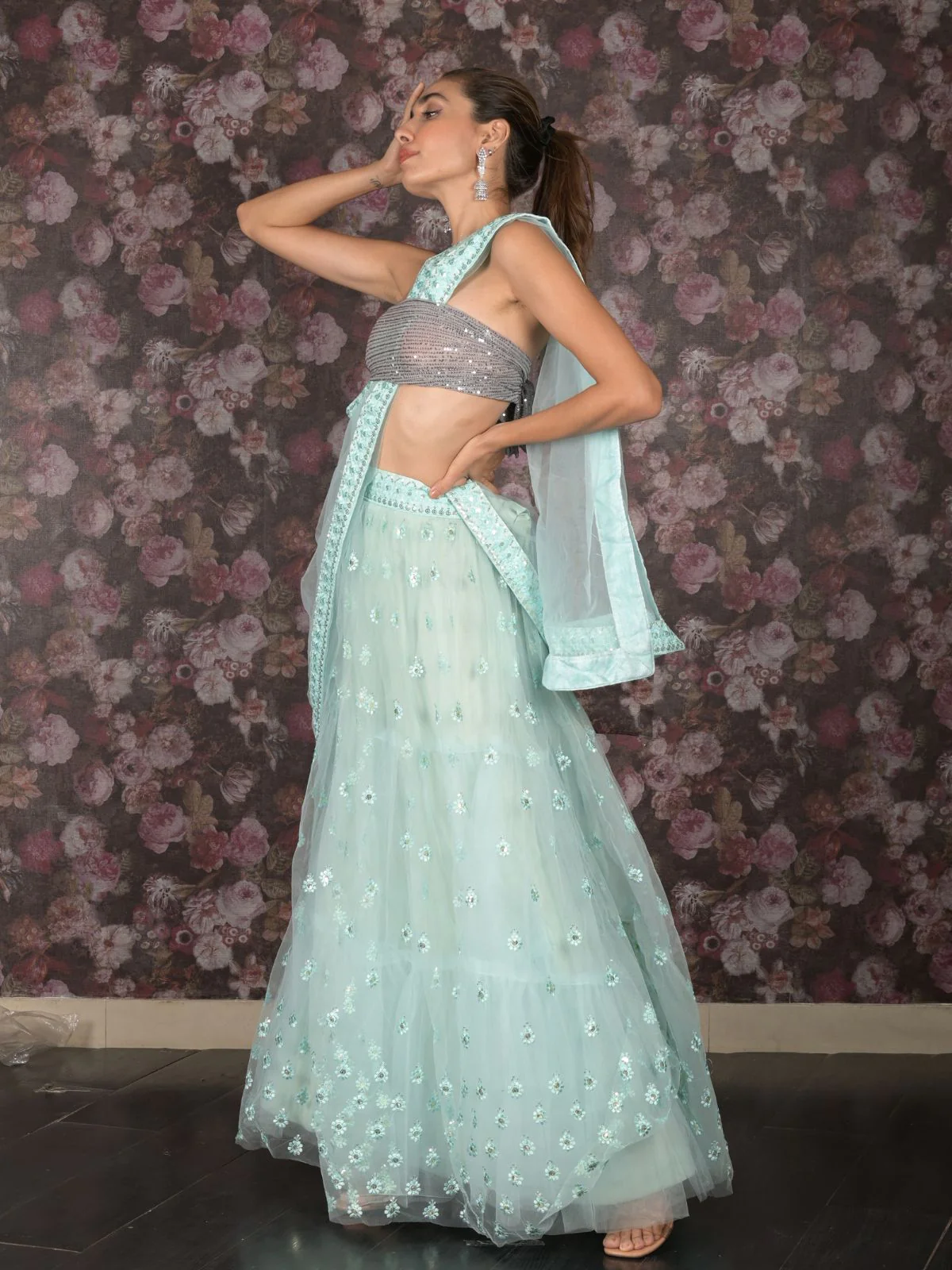 Odette Sea Green Embroidered Semi Stitched Net Lehenga with Untitched Blouse For Women - Image 3