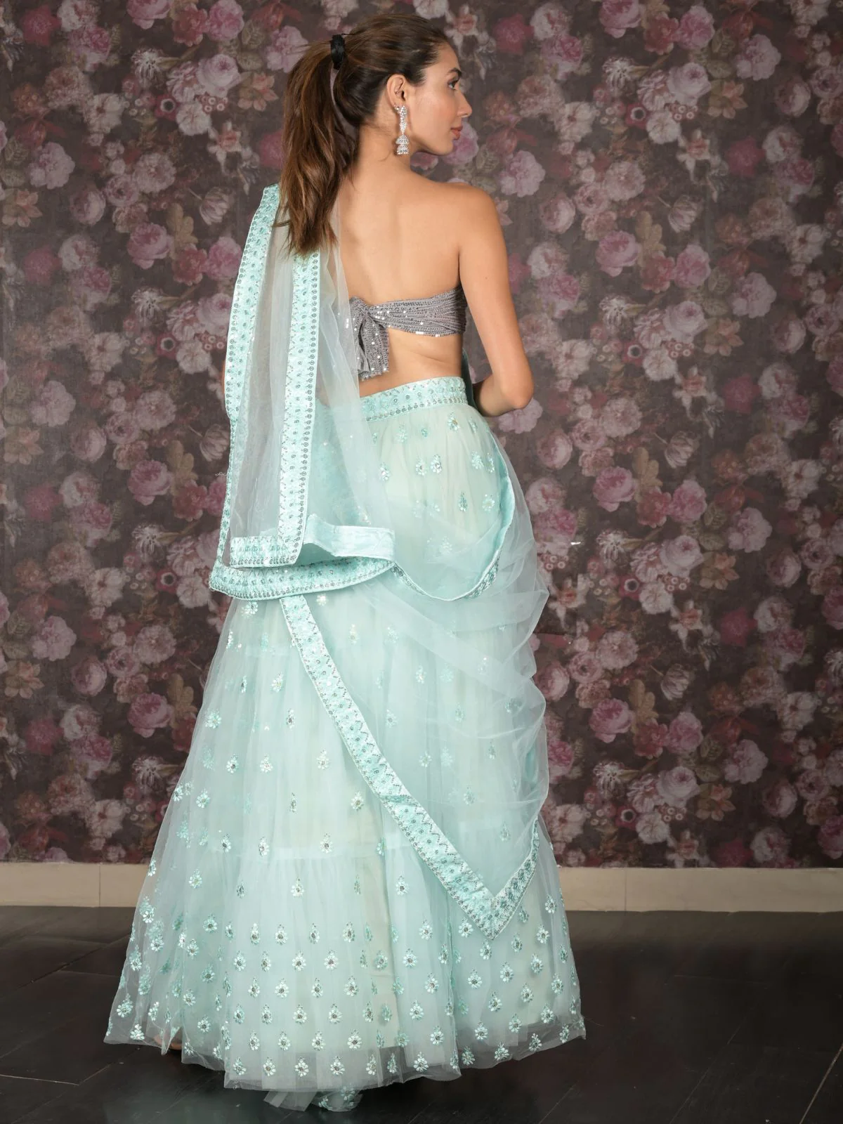 Odette Sea Green Embroidered Semi Stitched Net Lehenga with Untitched Blouse For Women - Image 4