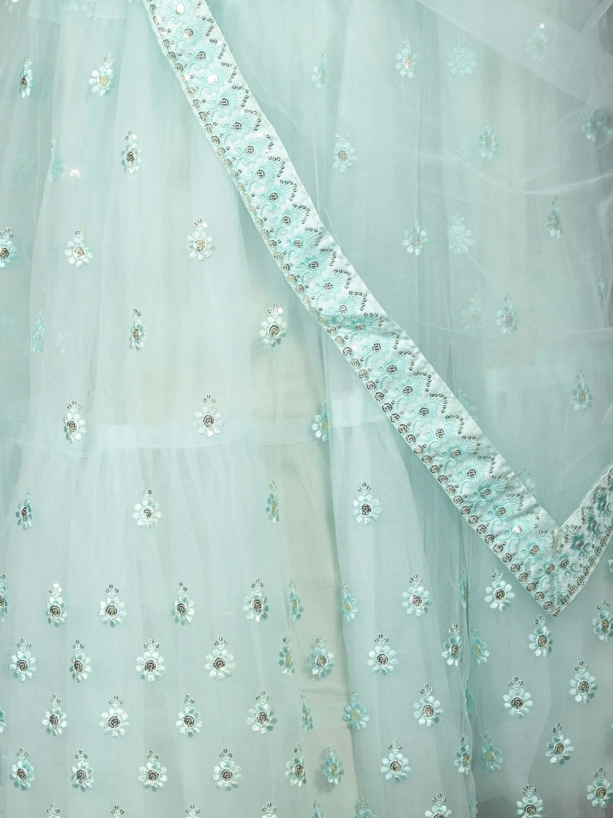 Odette Sea Green Embroidered Semi Stitched Net Lehenga with Untitched Blouse For Women - Image 5