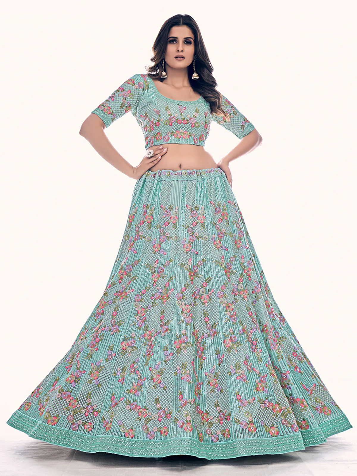 Odette Sea Green Embroidered Soft Net Semi Stitched Lehenga With Blouse For Women - Image 3