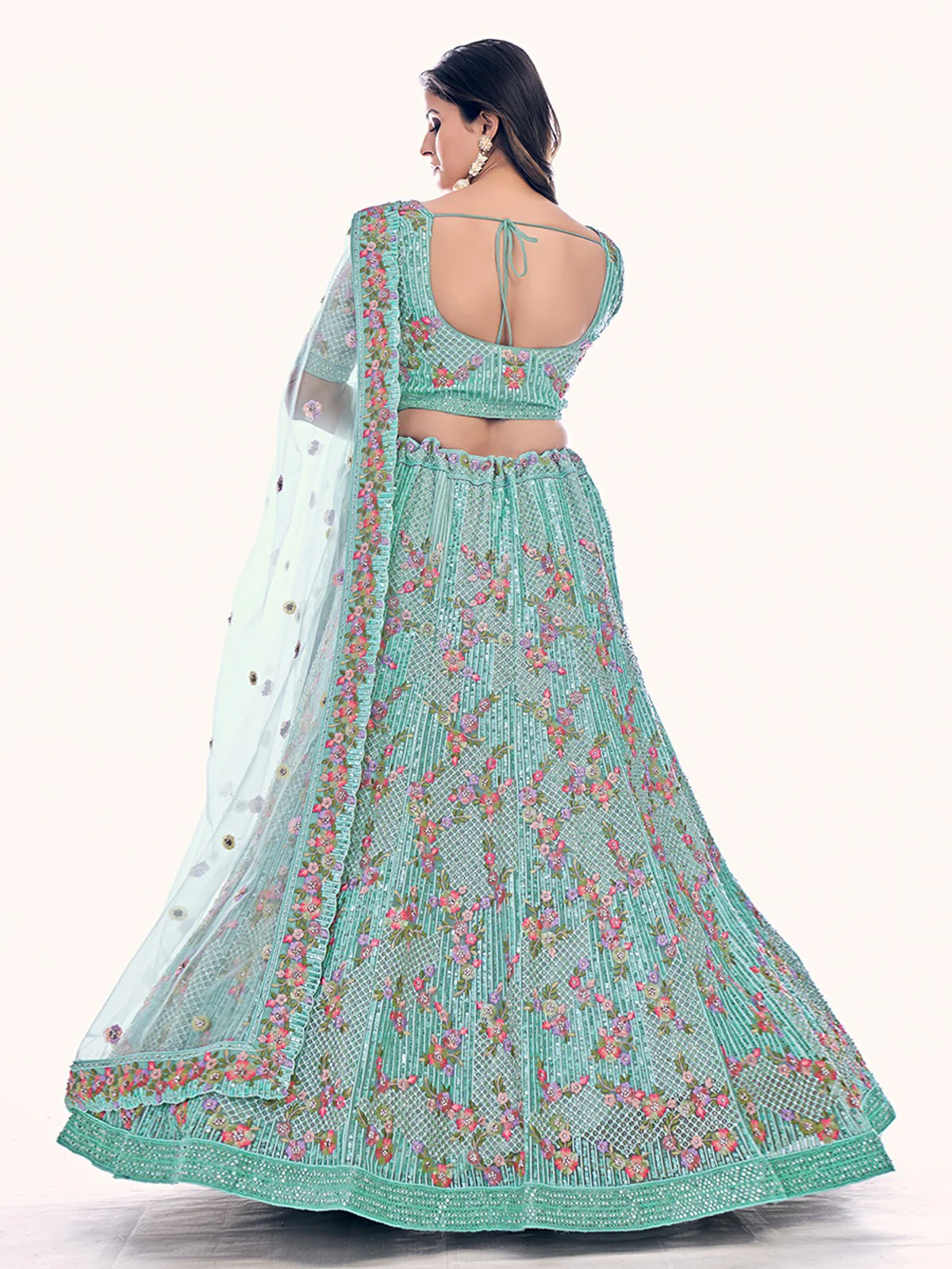 Odette Sea Green Embroidered Soft Net Semi Stitched Lehenga With Blouse For Women - Image 4