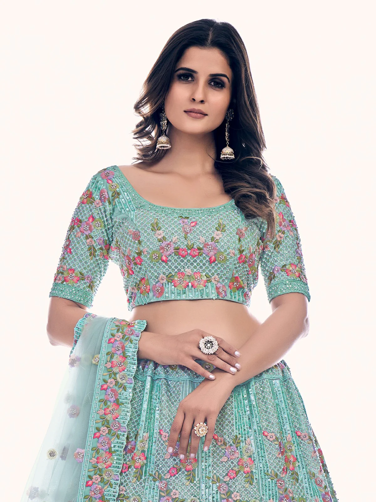 Odette Sea Green Embroidered Soft Net Semi Stitched Lehenga With Blouse For Women - Image 5
