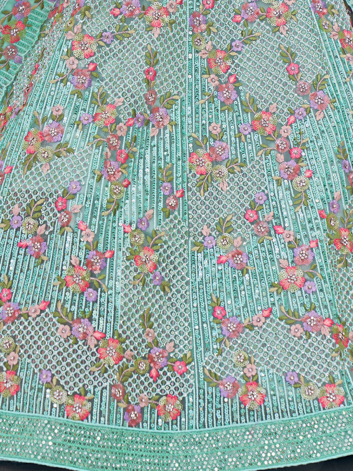 Odette Sea Green Embroidered Soft Net Semi Stitched Lehenga With Blouse For Women - Image 6