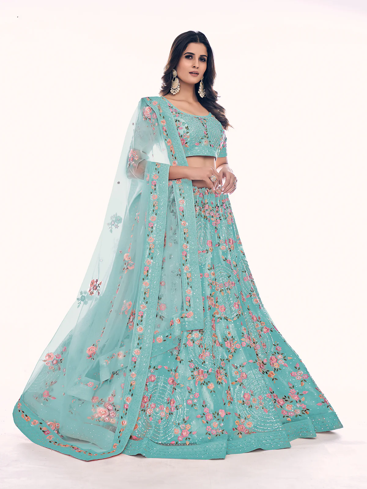 Odette Sea Green Embroidered Soft Net Semi Stitched Lehenga With Blouse For Women - Image 2