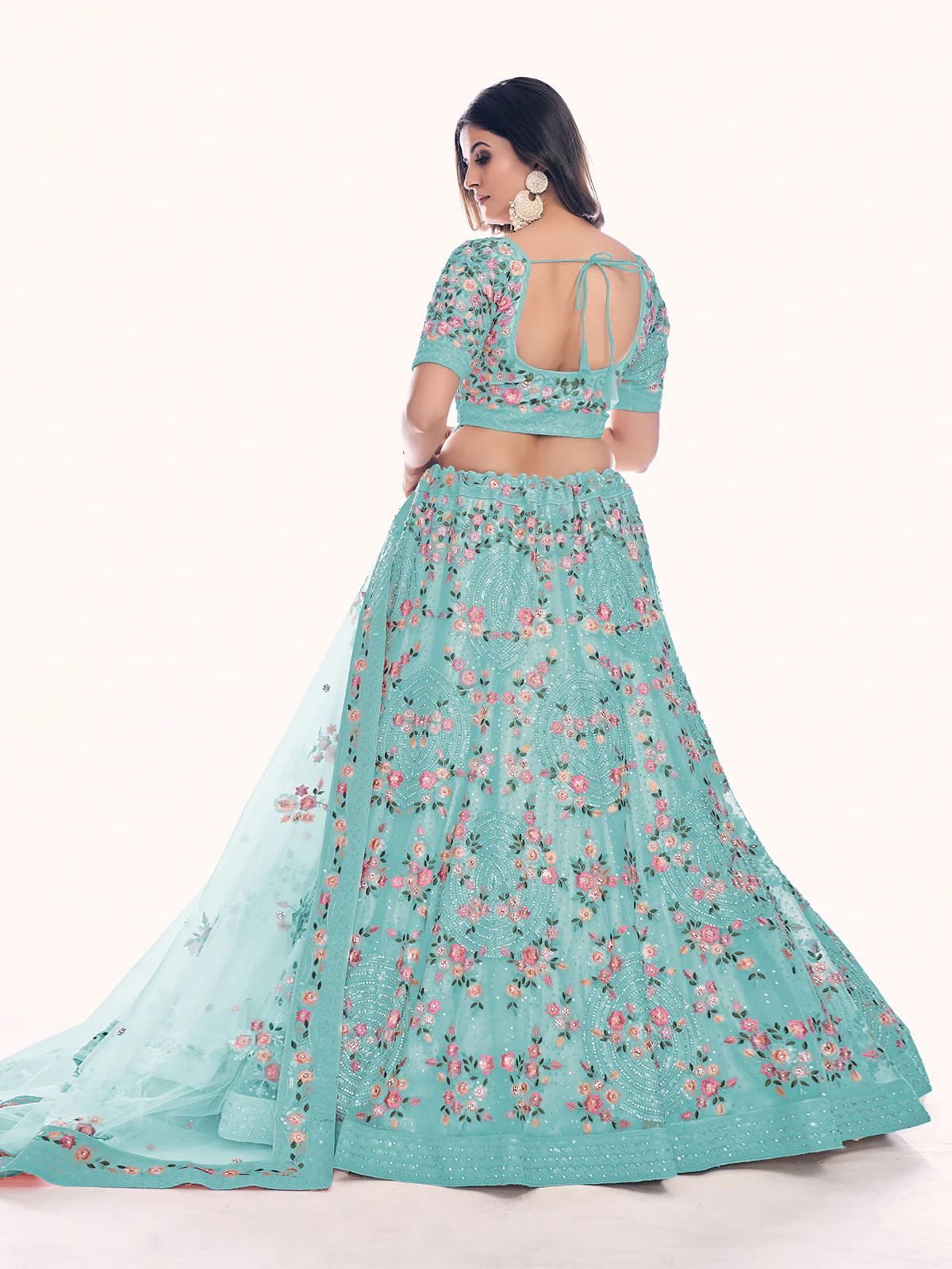 Odette Sea Green Embroidered Soft Net Semi Stitched Lehenga With Blouse For Women - Image 4