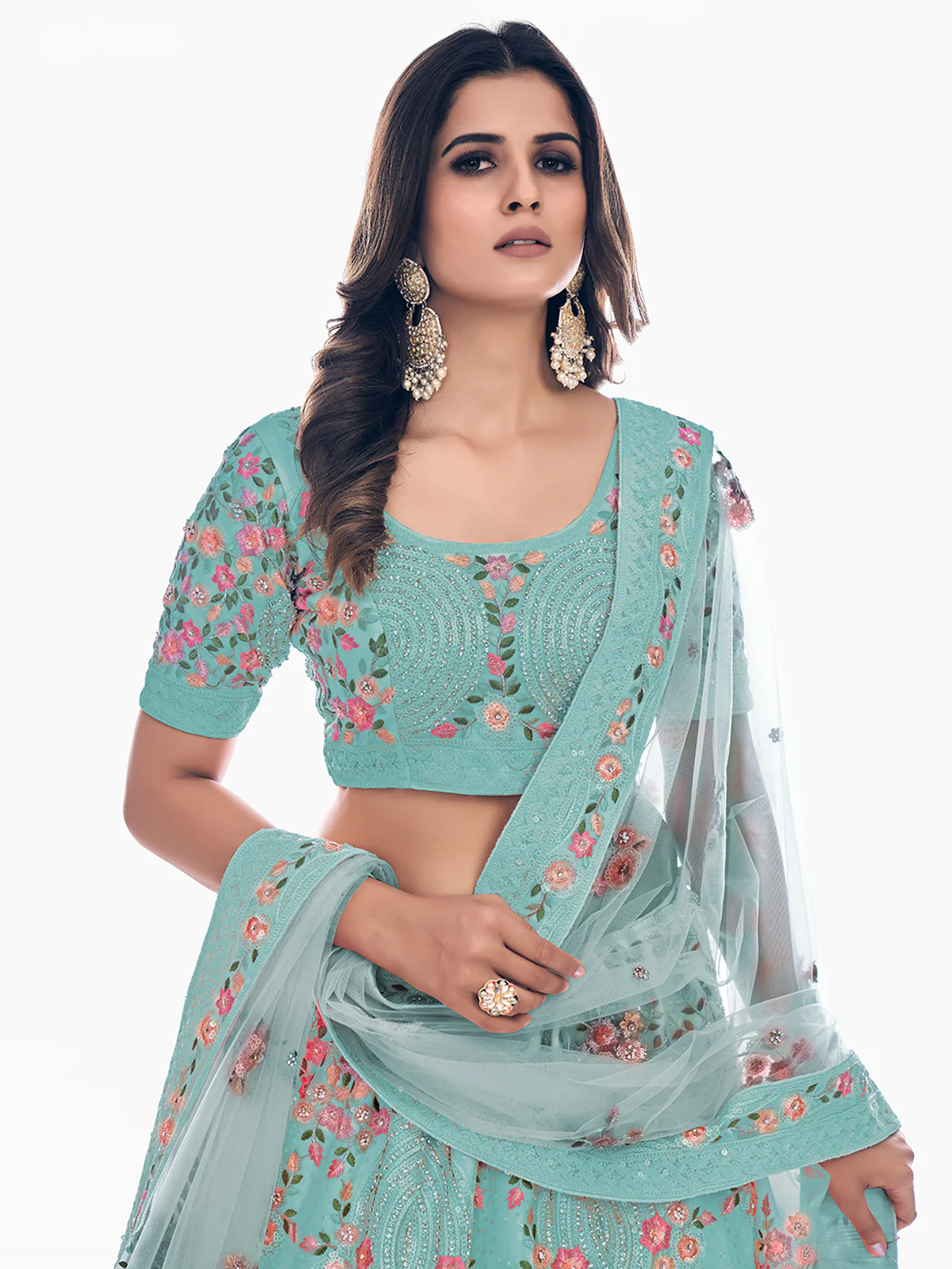 Odette Sea Green Embroidered Soft Net Semi Stitched Lehenga With Blouse For Women - Image 5