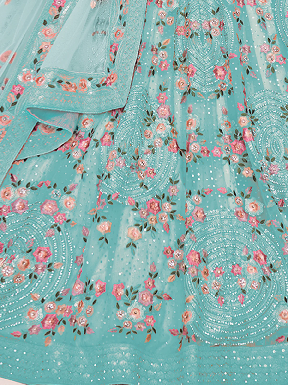 Odette Sea Green Embroidered Soft Net Semi Stitched Lehenga With Blouse For Women - Image 6