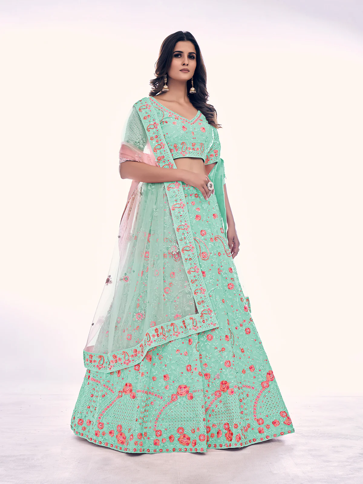 Odette Sea Green Embroidered Soft Net Semi Stitched Lehenga With Blouse For Women - Image 2