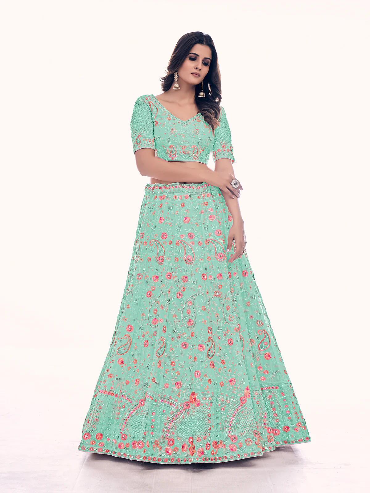 Odette Sea Green Embroidered Soft Net Semi Stitched Lehenga With Blouse For Women - Image 3