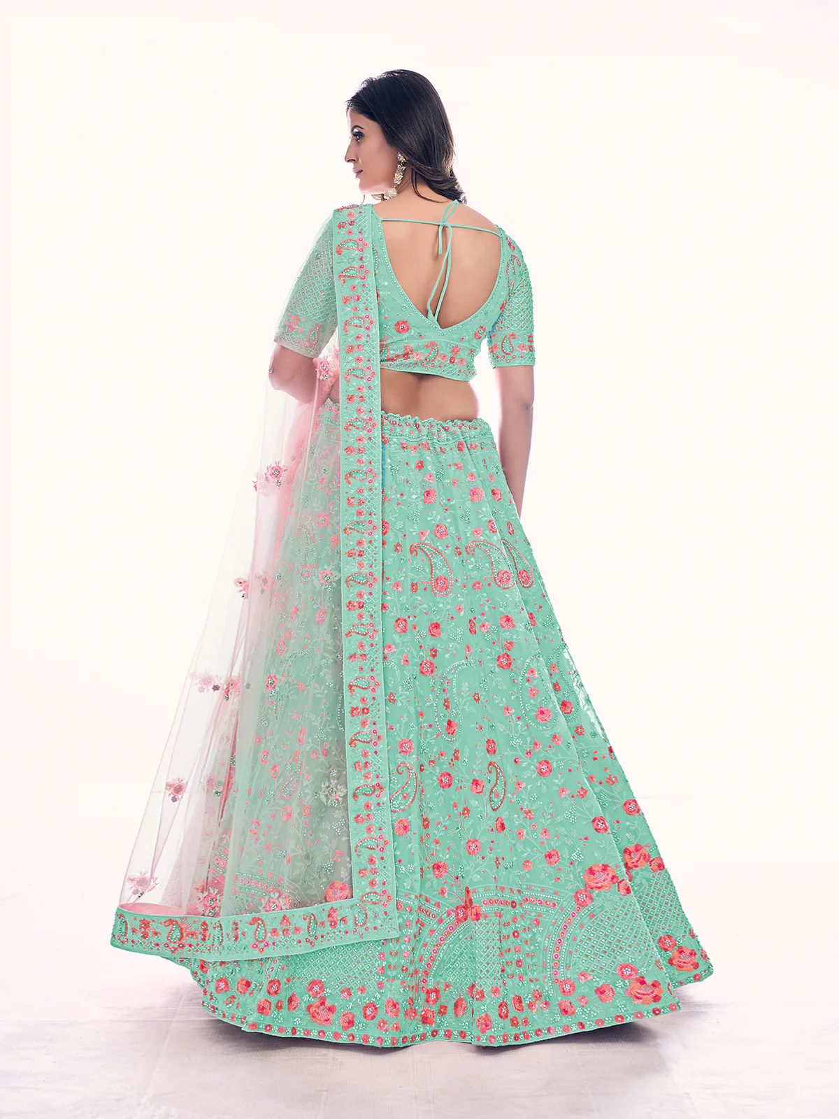 Odette Sea Green Embroidered Soft Net Semi Stitched Lehenga With Blouse For Women - Image 4