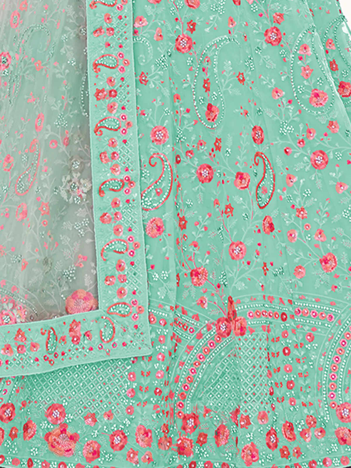 Odette Sea Green Embroidered Soft Net Semi Stitched Lehenga With Blouse For Women - Image 6