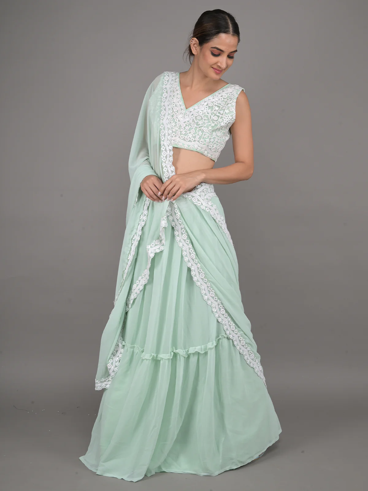 Odette Sea Green Georgette Embroidered Semi Stitched Lehenga With Unstitched Blouse For Women - Image 2