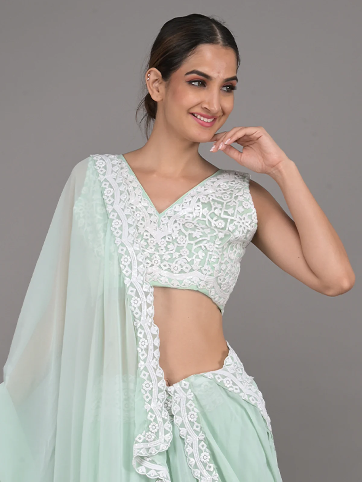Odette Sea Green Georgette Embroidered Semi Stitched Lehenga With Unstitched Blouse For Women - Image 4